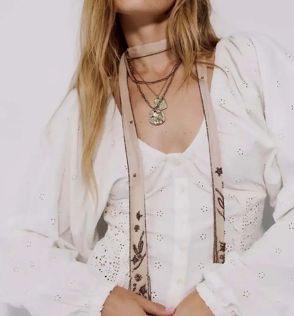 Free People Embroidered Hollis fringe scarf “beige”